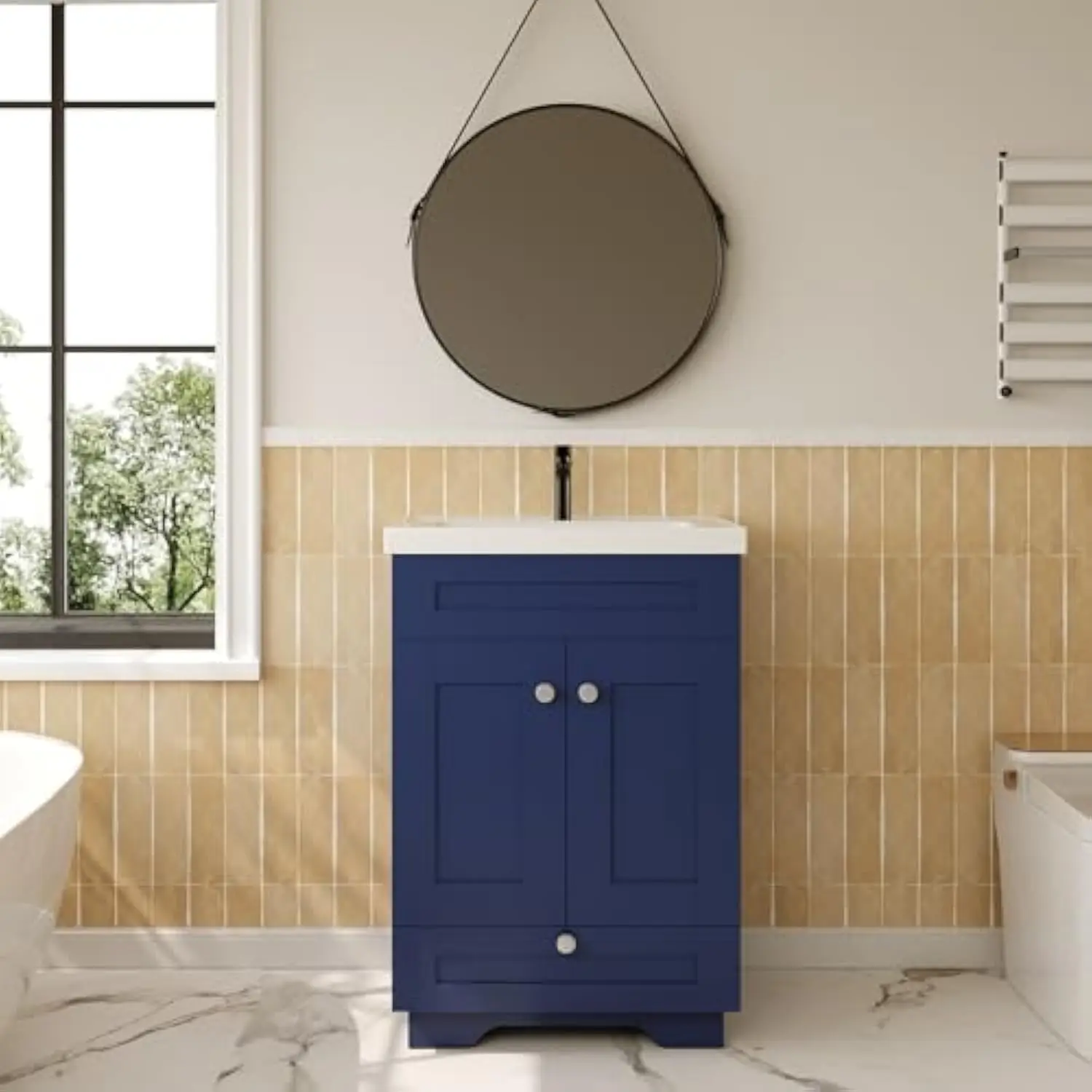 24 Base per lavabo da bagno, mobile con base per lavabo da pavimento con cassetto Soft Close e 2 ante, pomelli, blu navy