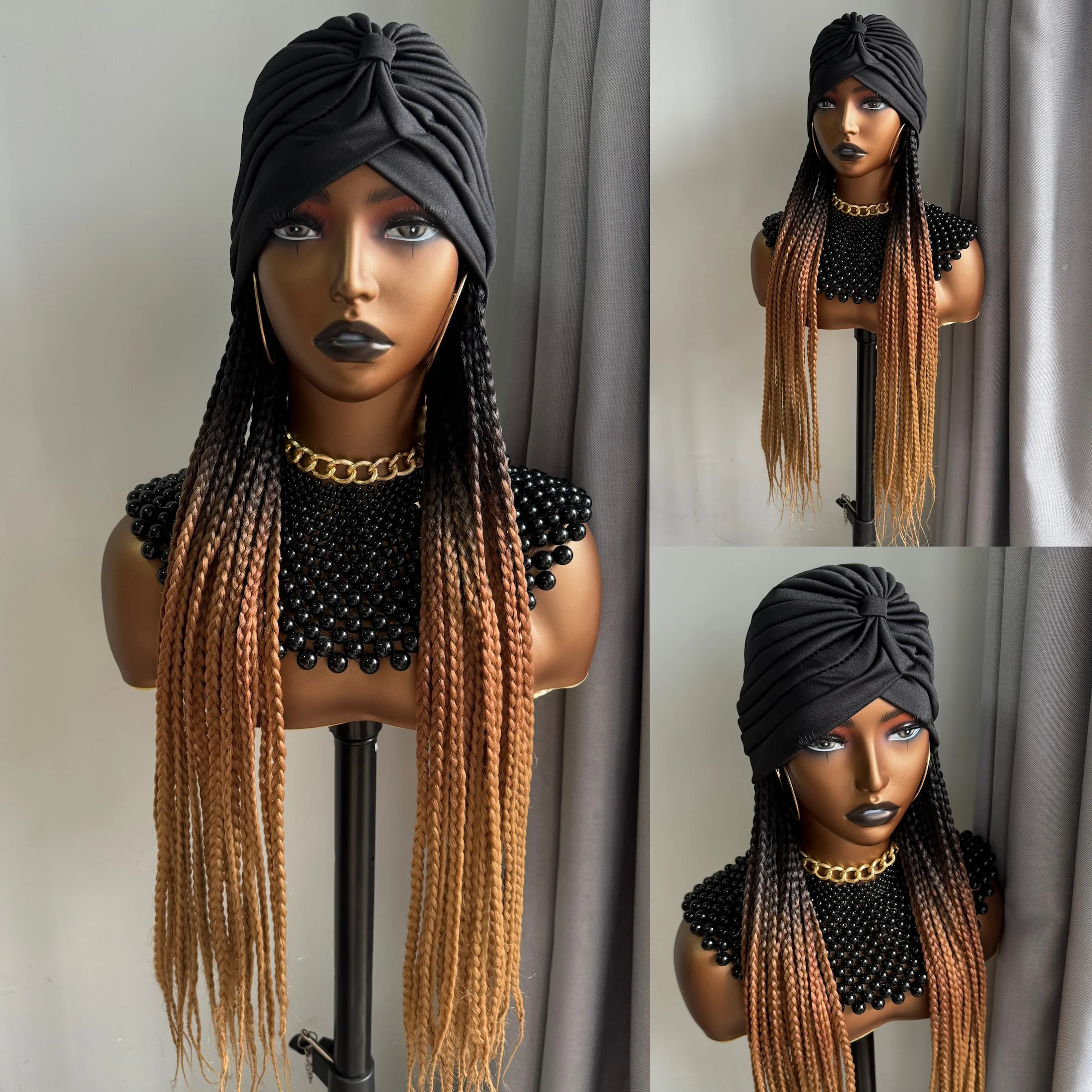 

WIGERA Long 24‘ Ombre Black Dark Brown Honey Brown Braided Synthetic Wig With Headband Turban Braiding Hair Extensions For Women