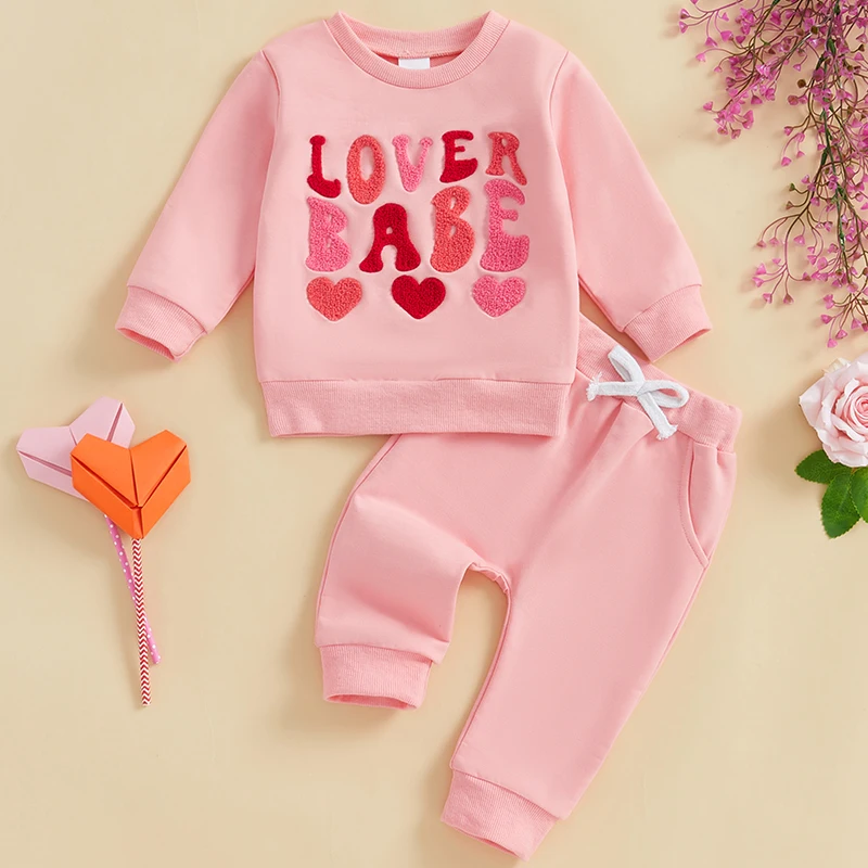 Conjuntos de San Valentín para niñas pequeñas, sudadera de manga larga con bordado de letras y pantalones elásticos, conjunto de ropa bonita para bebés