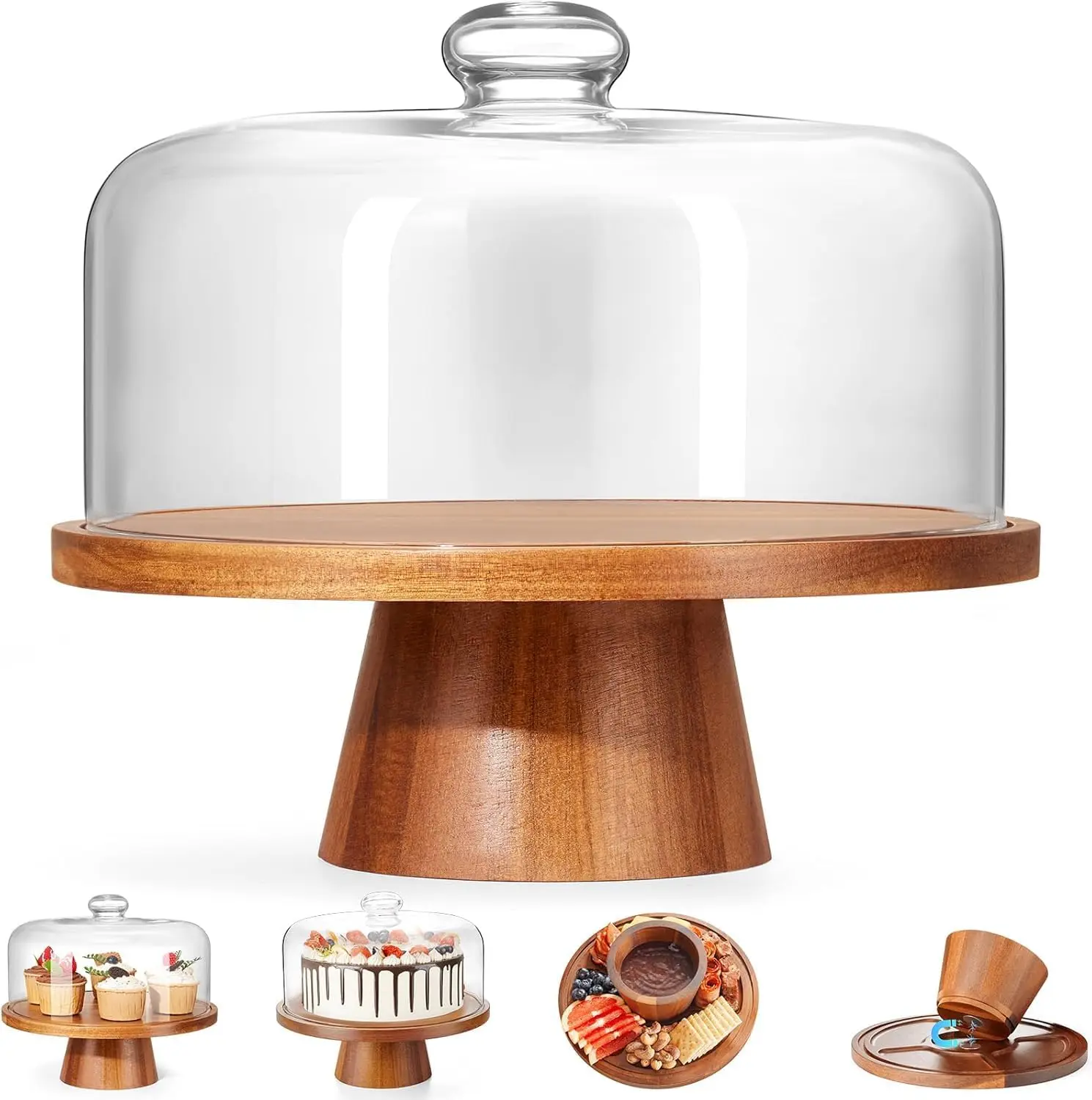 

Acacia Wood Cake Stand with Glass Dome, 11-Inch Magnetic Dessert Holder for Parties and Charcuterie