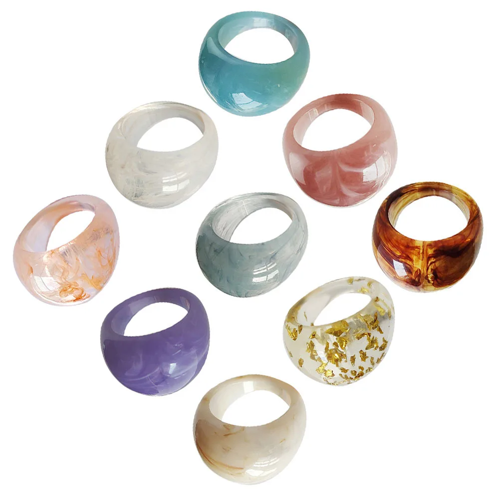 

9pcs Resin Colorful Wide Thick Knuckle Finger Stackable Ring Vintage Transparent Jewelry For Women Chunky Statement Multi Color