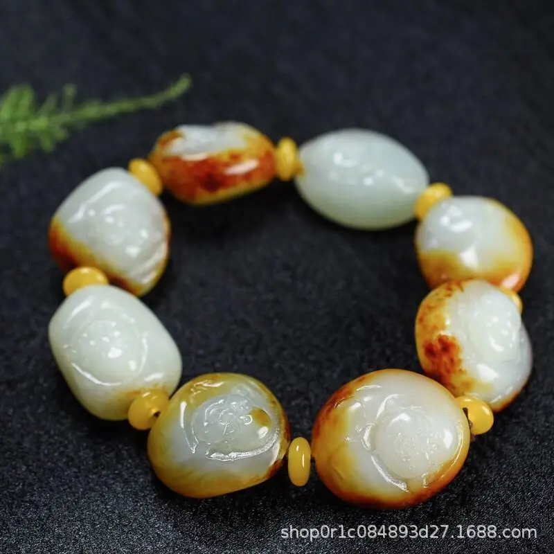 Hetian Pebble Head Bracelet for Men and Women Original Jade Colors Maitreya Smiling Buddha Beads String