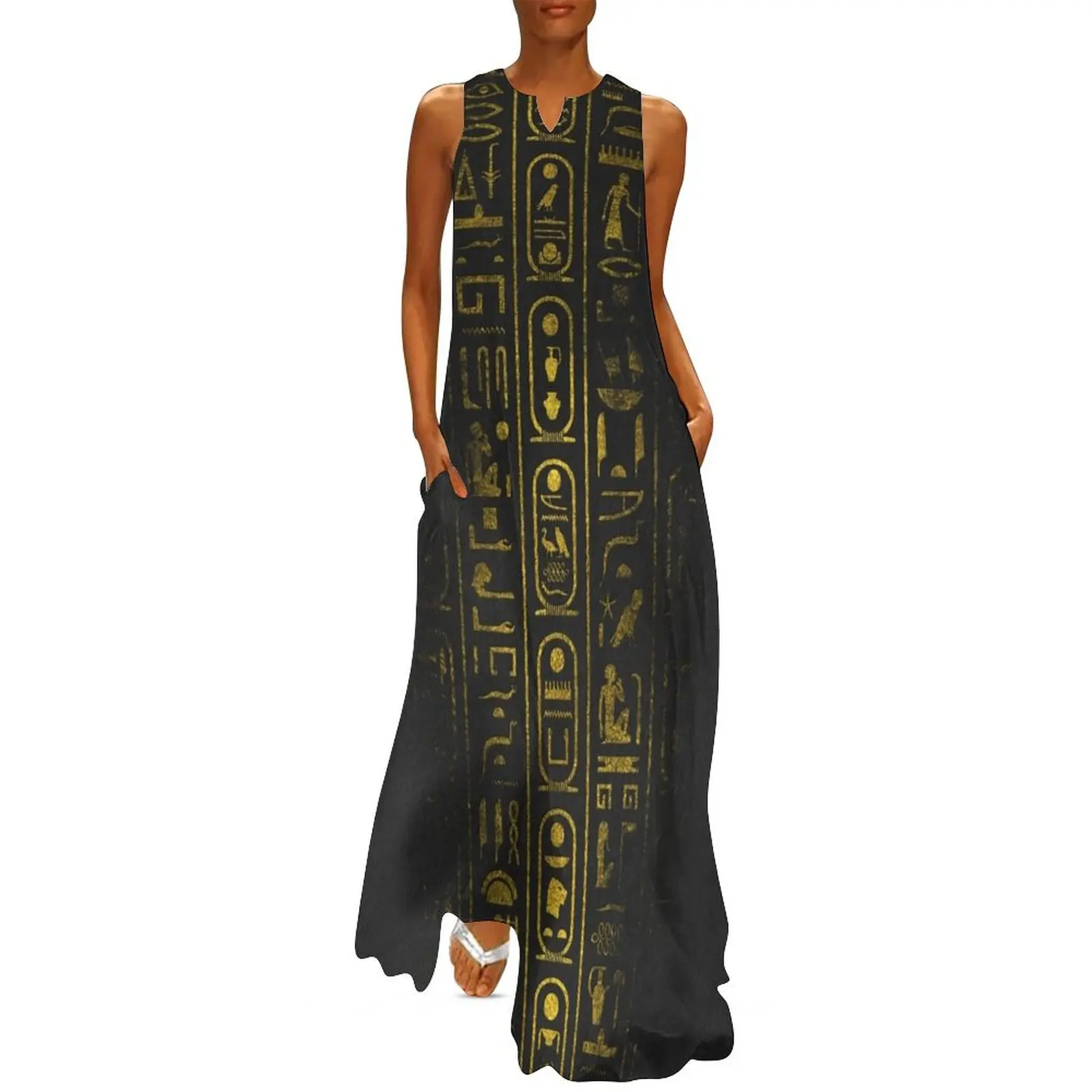 Grunge Egyptian Gold hieroglyphs on black paper Long Dress Long dress woman women