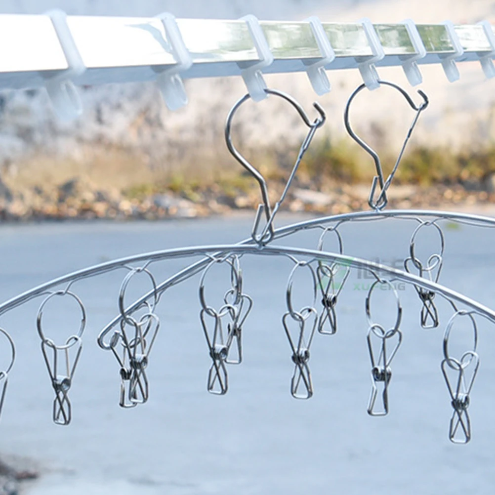 

2Pcs Arc Stainless Steel Socks Drying Rack Space-Saving Windproof Clothespin Hook Laundry Hanger Multi-Functional