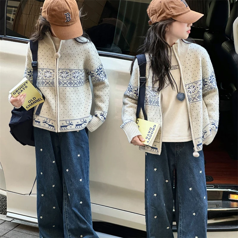 

Kid Sweater Baby Girl Casual Fashion Classical Snow Knited Autumn and Winter Baby Knitted Cardigan Baby Girl Tops Age 4-14Y