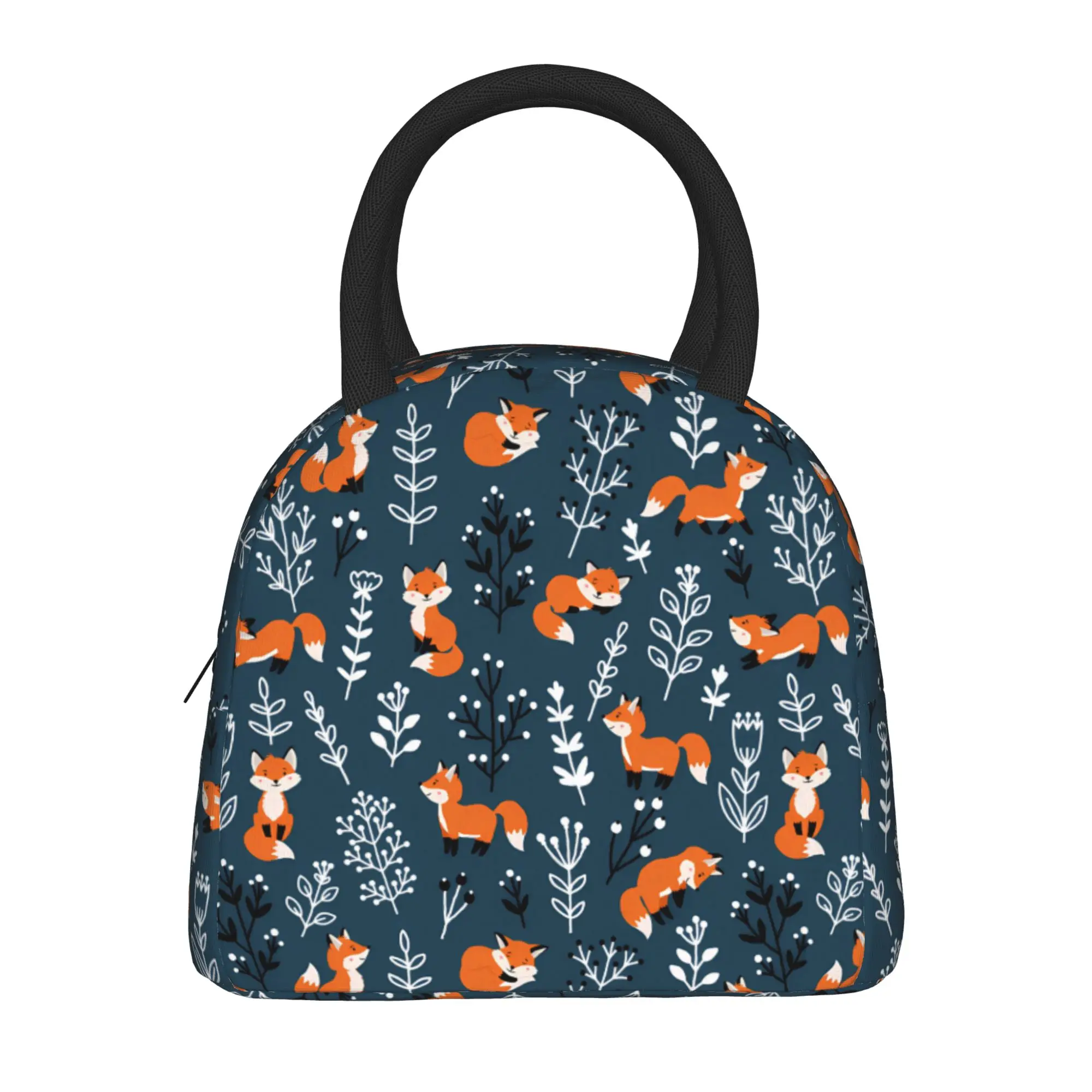 Cute Foxes Dark Blue Winter Lunch Bag Casual Lunch Box For Women Picnic Portable Zipper Cooler Bag Oxford Thermal Tote Handbags