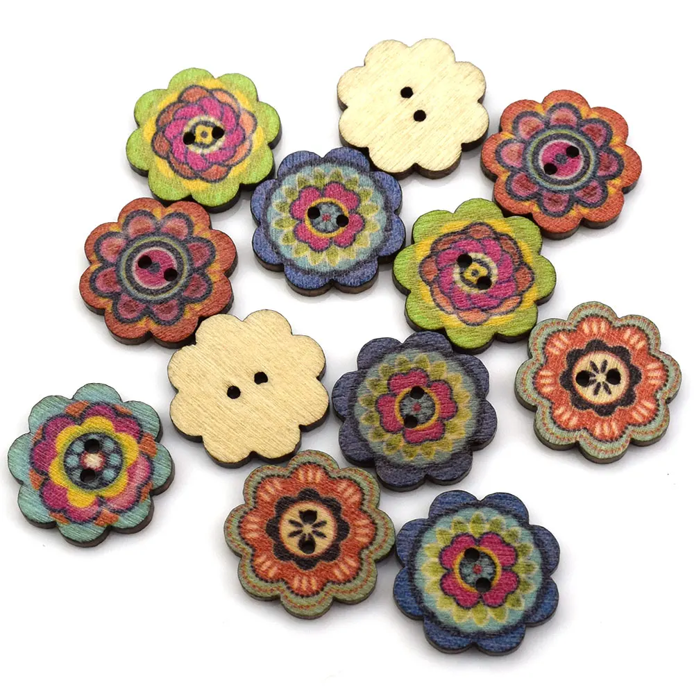 50PCS 20MM Flower Shape Wood Buttons For Clothing Sewing Accessories Wooden Crafts DIY Scrapbooking Home Decoration Supplies