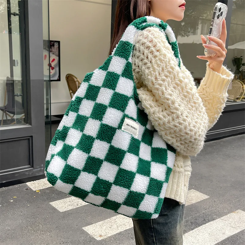 New Fashion Retro Colorful Checkerboard Plush Tote Bag for Women Large Capacity Shoulder Bag Handbag Portable Shopping Bag