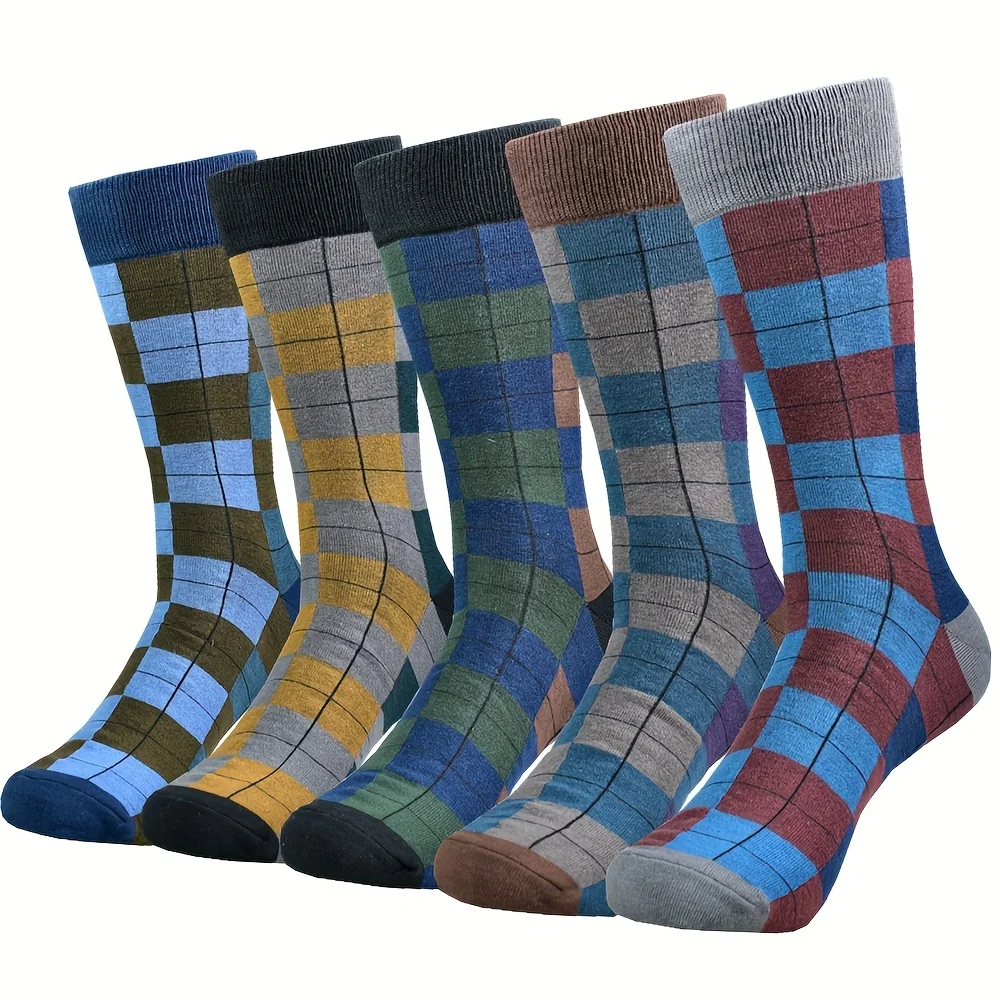 

5 Pairs Of Men's Trendy Checkered Pattern Mid Calf Socks, Cotton Blend Breathable Comfy Casual Socks For Men's Outdoor