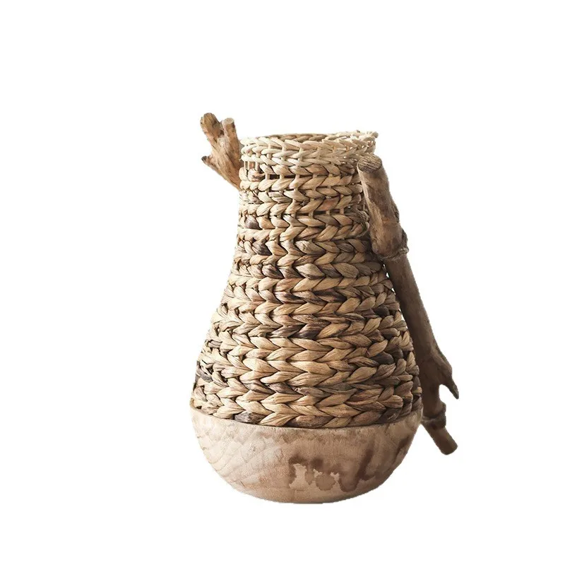 Solid wood base big belly straw vase, wall hanging flower basket design sense homestay decoration