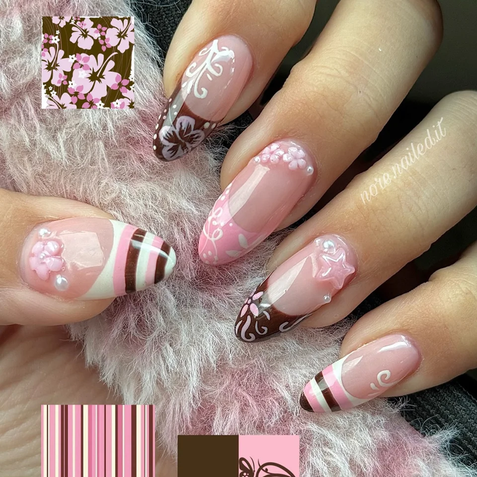 24 piezas uñas postizas dulces de primavera con flores rosas, estrellas y perlas, estilo francés almendra
