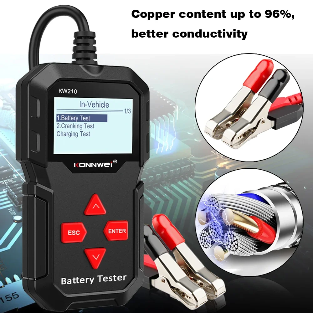 

Тестер автомобильных аккумуляторов KONNWEI KW210 12В, анализатор заряда и запуска, измеритель тока и напряжения, диагностический инструмент