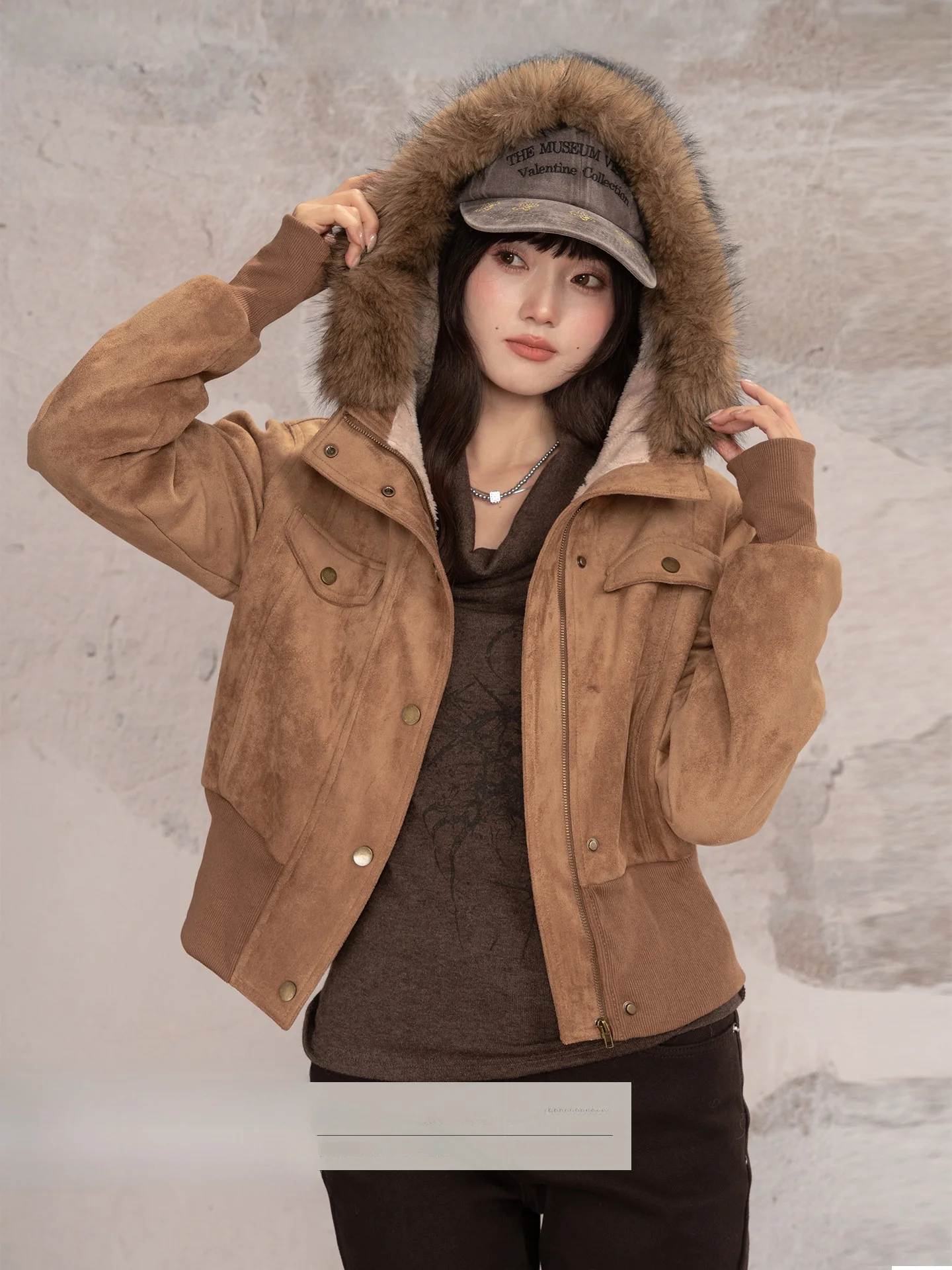 

Loveheynew American Retro Hooded Thiened Jaet Women Winter Loose Versatile Warm Top Detachable Fur Sve Long Polyester