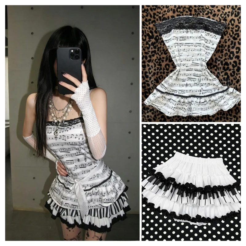Women Sleeveless Piano Print Crop Vest Y2K Mini Skirt Set American Retro Japanese Street Subculture Matching Outfits Summer Tees