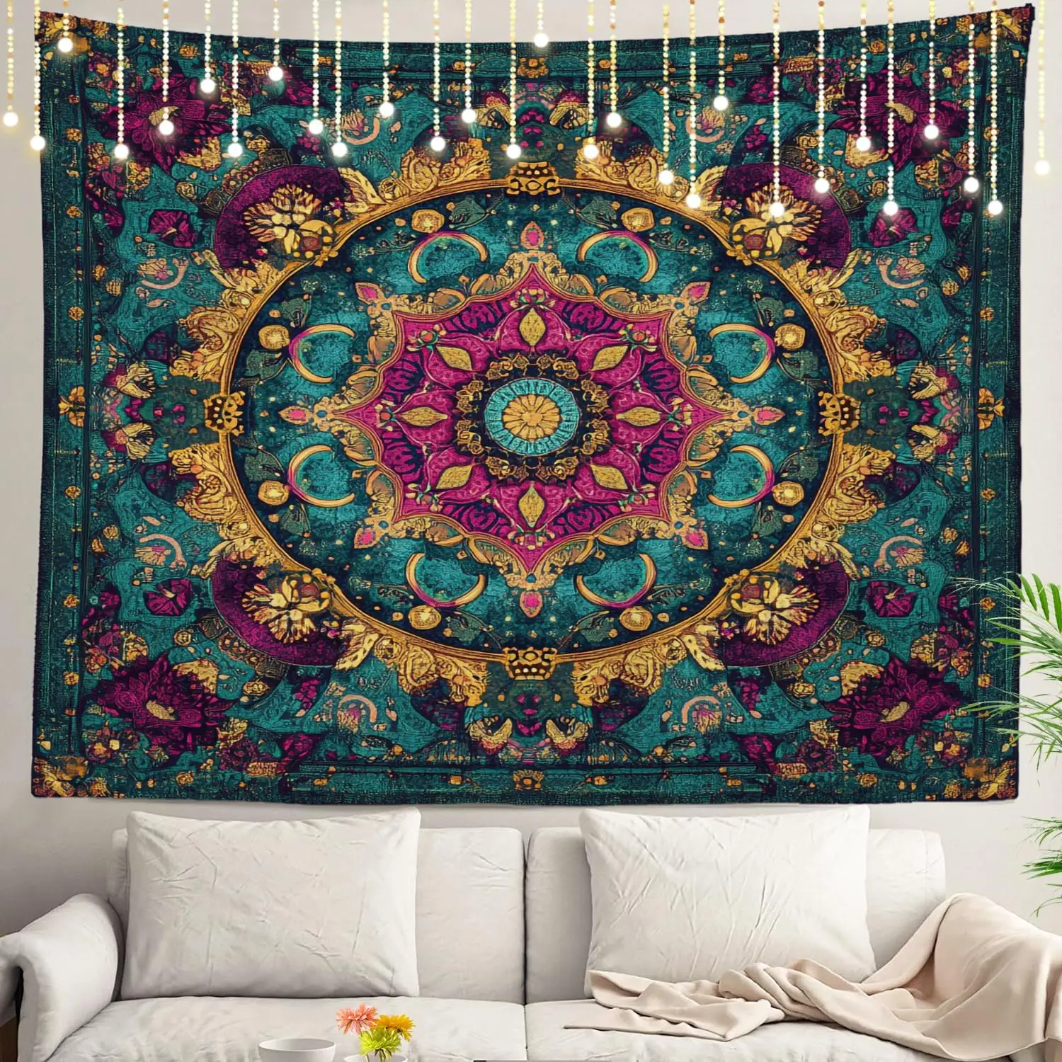 Ornate Mandala Tapestry Boho Wall Hanging Ethnic Polyester Textile Art for Living Room Decoration Home Decor Artwork Bohemian St