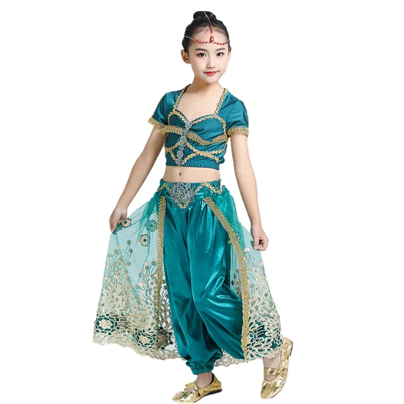 Sari Dancewear Kids Indian Outfits Bollywood Clothing Children Belly Dance Costume Set 3pcs (Top Pants Headdress)