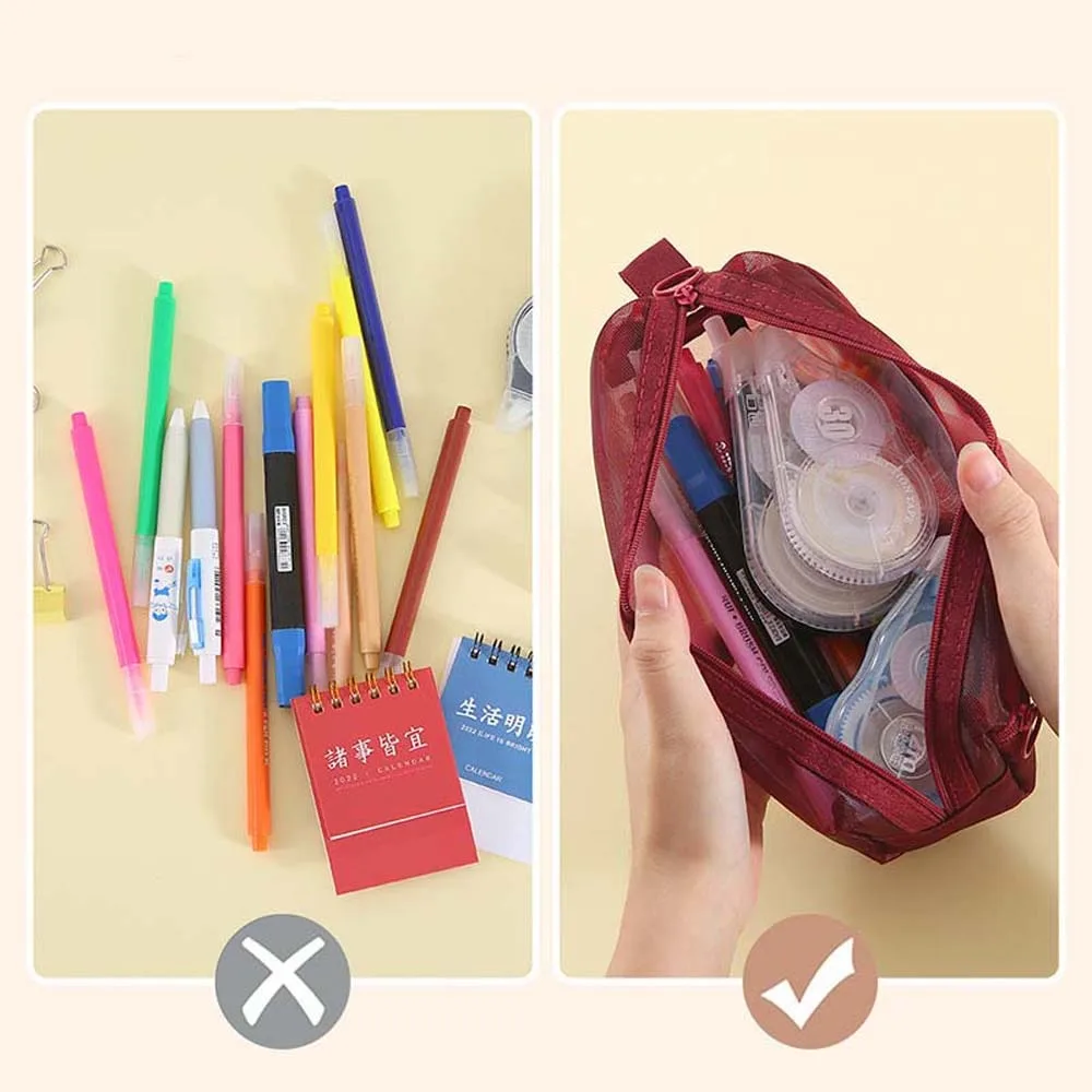 Stationery Double Mesh Pencil Bag Pen Box Transparent Cosmetic Storage Bag Document Bag Coin Purse Zipper Pouch Boys/Girls