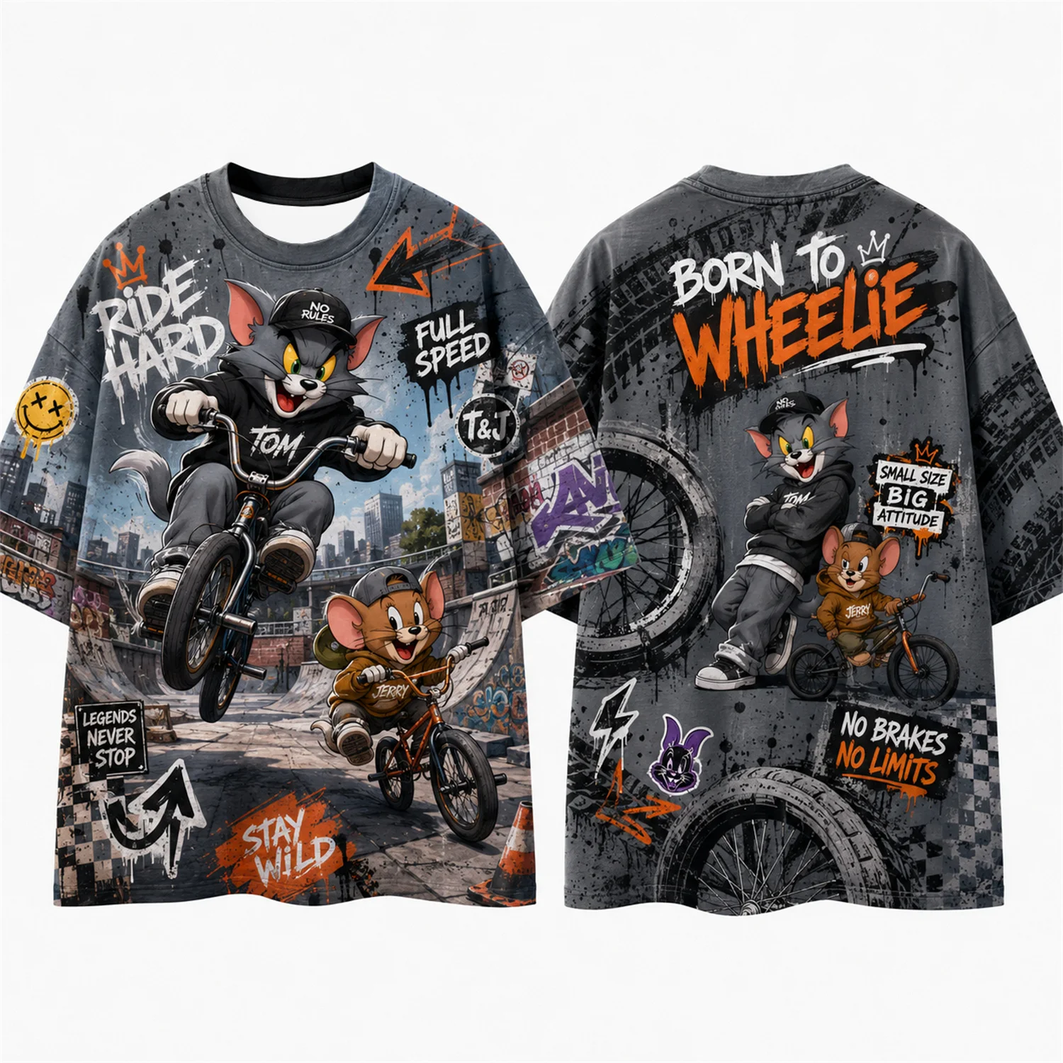 Skateboard Tom And Jerry Graffiti Print Loose Short Sleeve T Shirt For Men Women Fans Soft Cotton Street Hip Hop Casual Daily We view 6