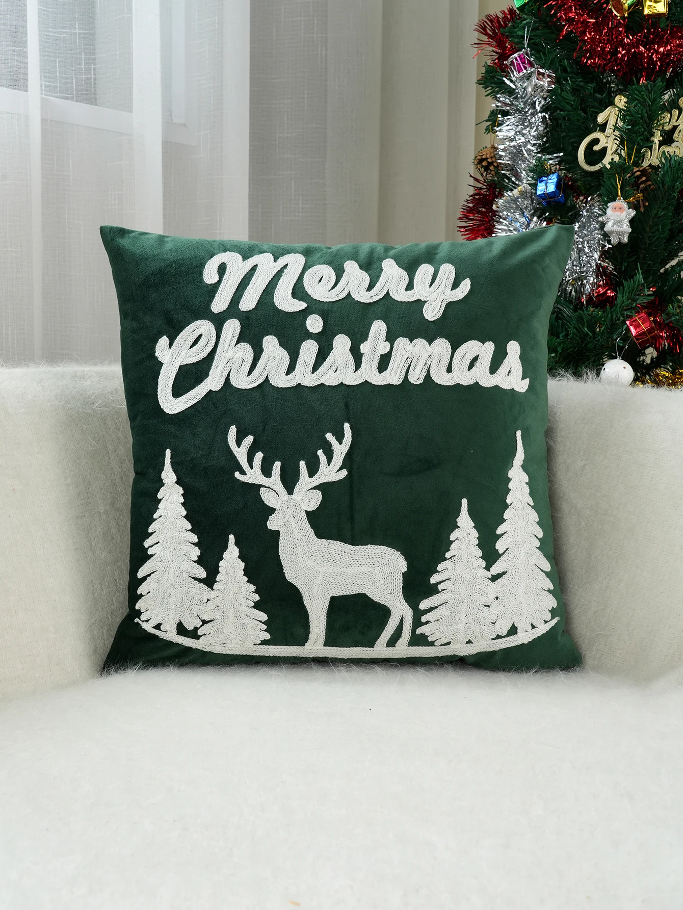 1pc Green Dutch Velvet Christmas Elk Exquisite Embroidery Cushion Pillow Case, Multi-Size Multi-Room Universal