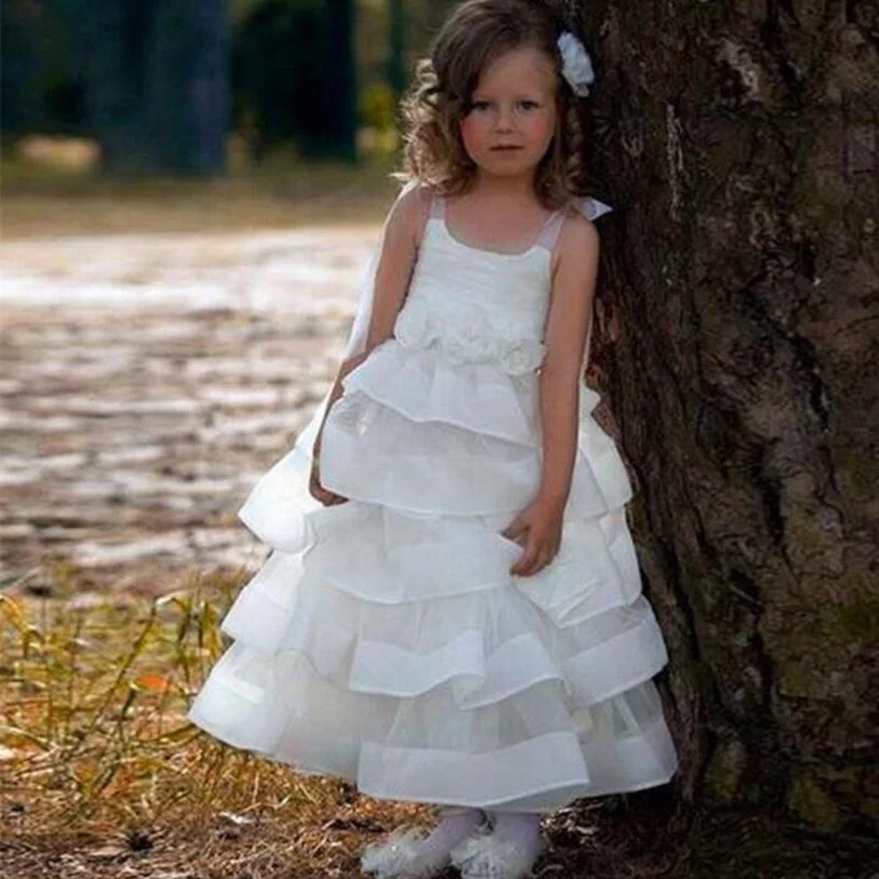 Abito da ragazza di fiore con bordo in raso con volant bianco per matrimonio lunghezza caviglia Spaghetti prima comunione per abito da principessa abito da celebrità