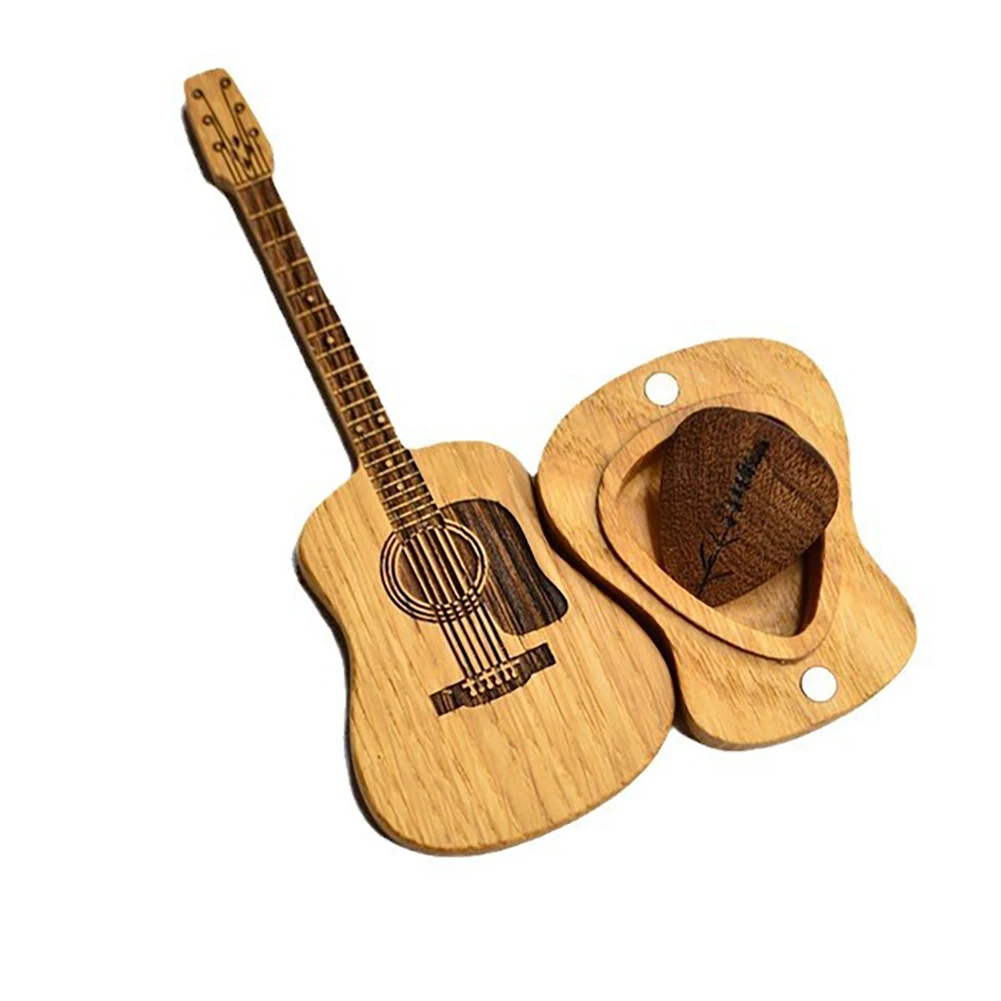 1 Set Wooden Guitar Picks Storage Box Easy Carrying With 3 Picks Stand Guitar-Shaped Plectrum Container Display Case