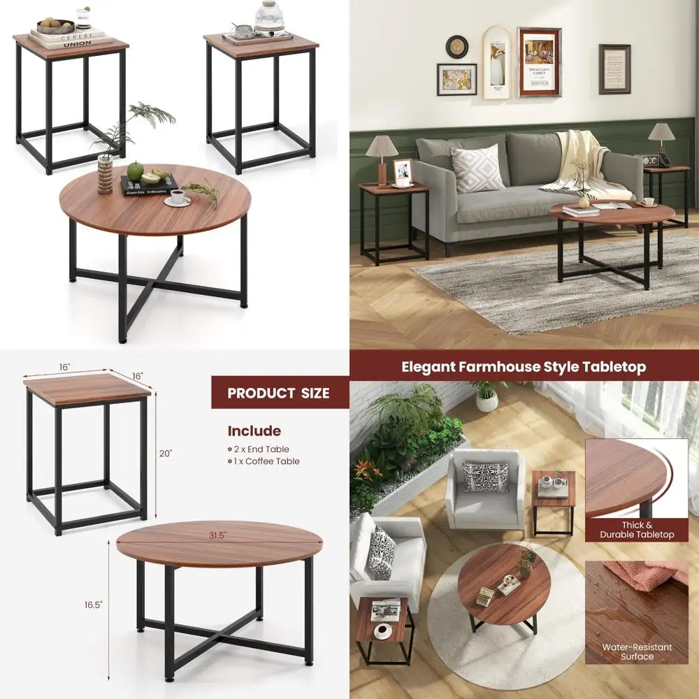 

3-Piece Farmhouse Style Nesting Tables with Metal Frame and Wooden Construction for Living Room