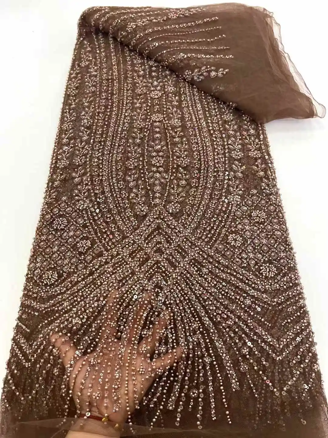

2025 African Nigerian Sequins Embroidery Tulle Lace Fabric High Quality Beads Prom Dresses Sewing Guipure 5 Yards