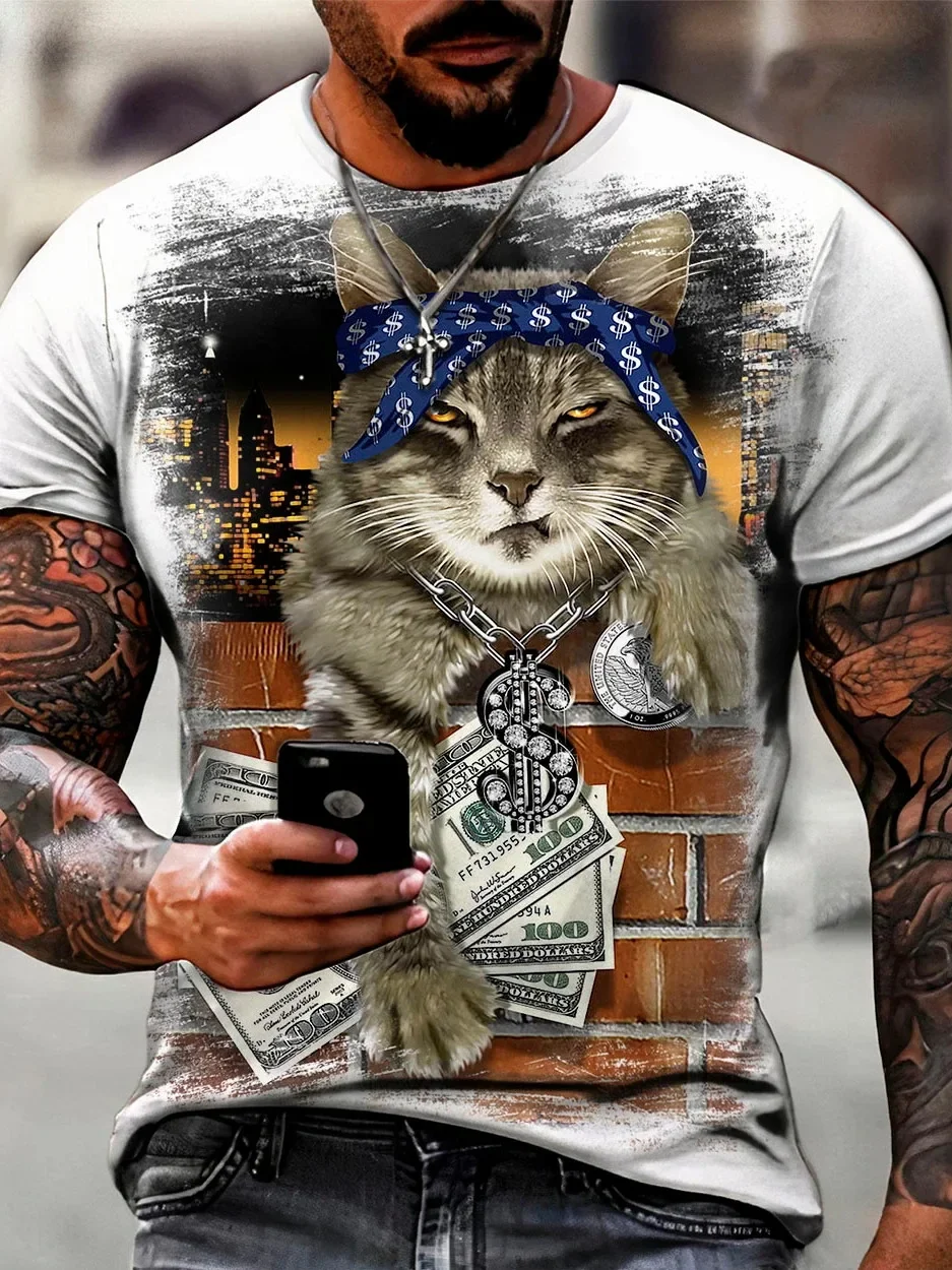 T-shirt with Cat Print for Men, Men's Short-sleeved Shirt with Round Collar, Comfortable Material, Daily Use Outdoors