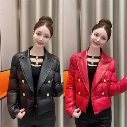 Simple Fashion Pleated Metal Buttons V-Neck Long-Sleeved Cotton-Padded Jacket Women's New Slim Temperament Top In Winter 2024