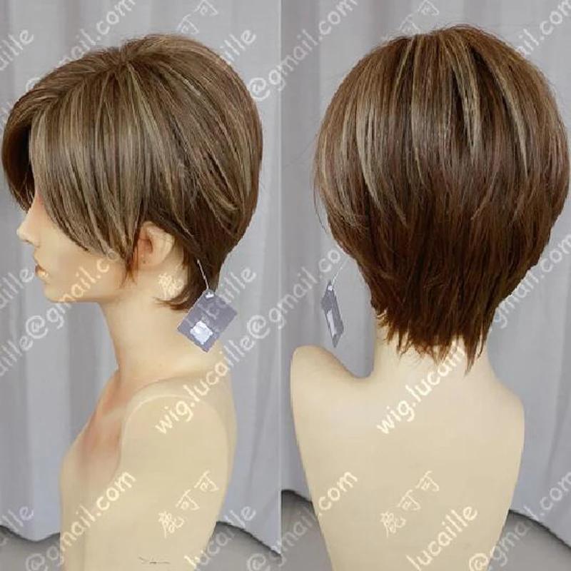 Movie Leon Scott Kennedy Cosplay Wig Short Mixed Brown Highlights Styled Heat Resistant Hair Anime Wigs + Wig Cap