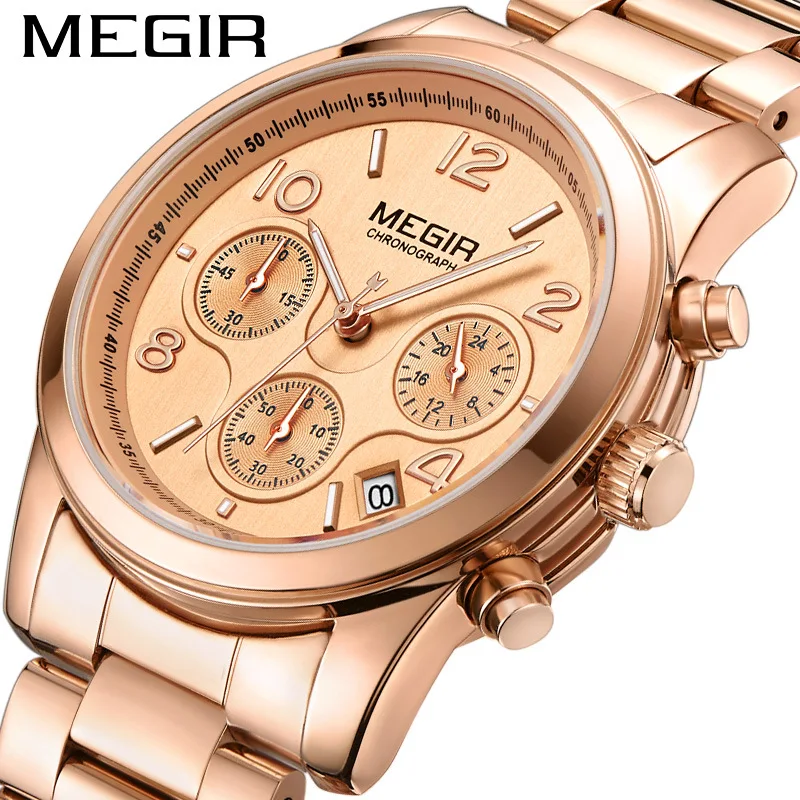 

MEGIR 2057 Women Quartz Watches Luxury Fashion Date Chronograph Analog Display Rose Gold Stainless Steel Strap Ladies Wristwatch