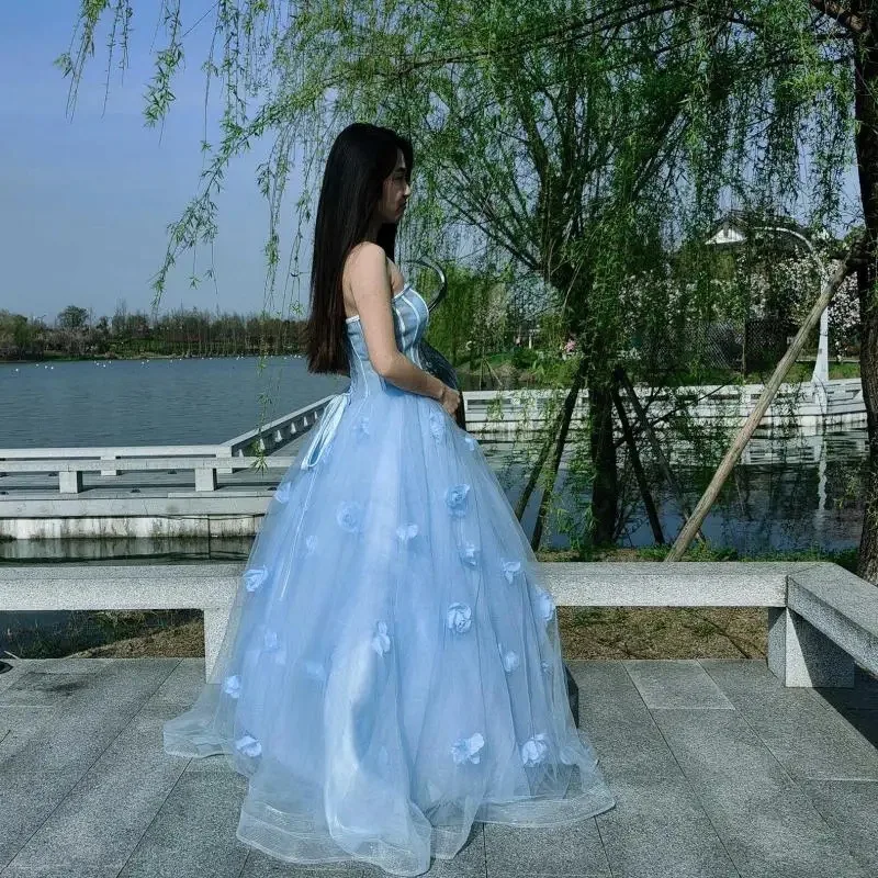 Vestido de novia ligero con estilo y atado en azul claro a la moda, nuevo vestido elegante de satén dulce, vestido Sexy de fiesta con manga de tres partes 2026