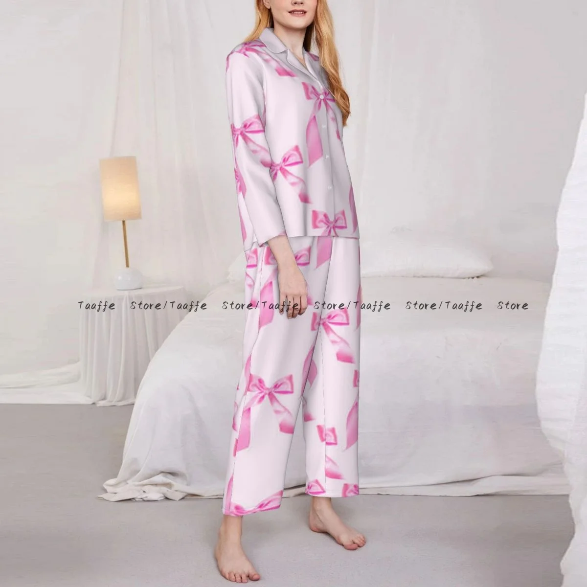 Women's Pajamas Long-sleeved Girl Loungewear Two-piece Set Pink Tied Bow Pattern Pajamas for Autumn Spring