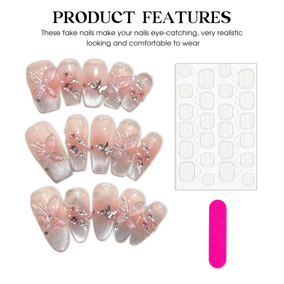 10 uñas press-on hechas a mano, rosadas con mariposa, francesas, ojo de gato, brillantes, coreanas 5
