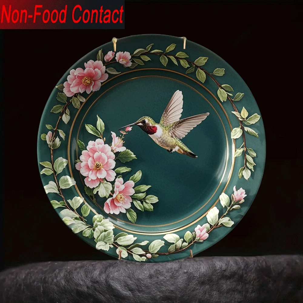 1pc Ornate Chinese-Inspired Ceramic Decorative Plate - Round Green & Golden Hummingbird & Peony Serving Tray, Non-Food Contact
