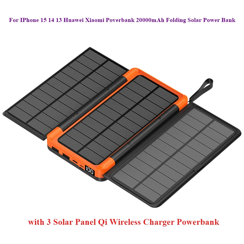 For IPhone 15 14 13 Huawei Xiaomi Poverbank 20000mAh Folding Solar Power Bank with 3 Solar Panel Qi Wireless Charger Powerbank