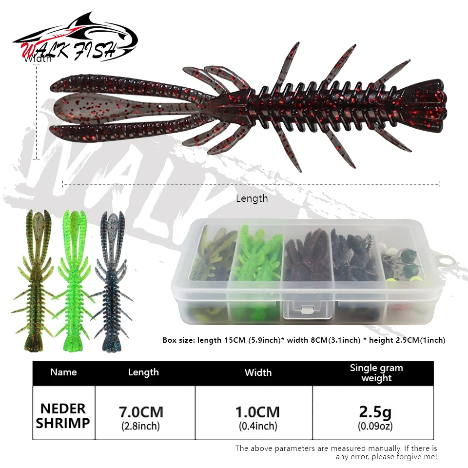 WALK FISH 31 Pieces 7cm Floating Shrimp Lure Set With Lead Head Hook Fish Bait Soft Insect Fake Shrimp Fish Hook Fishing Tackle