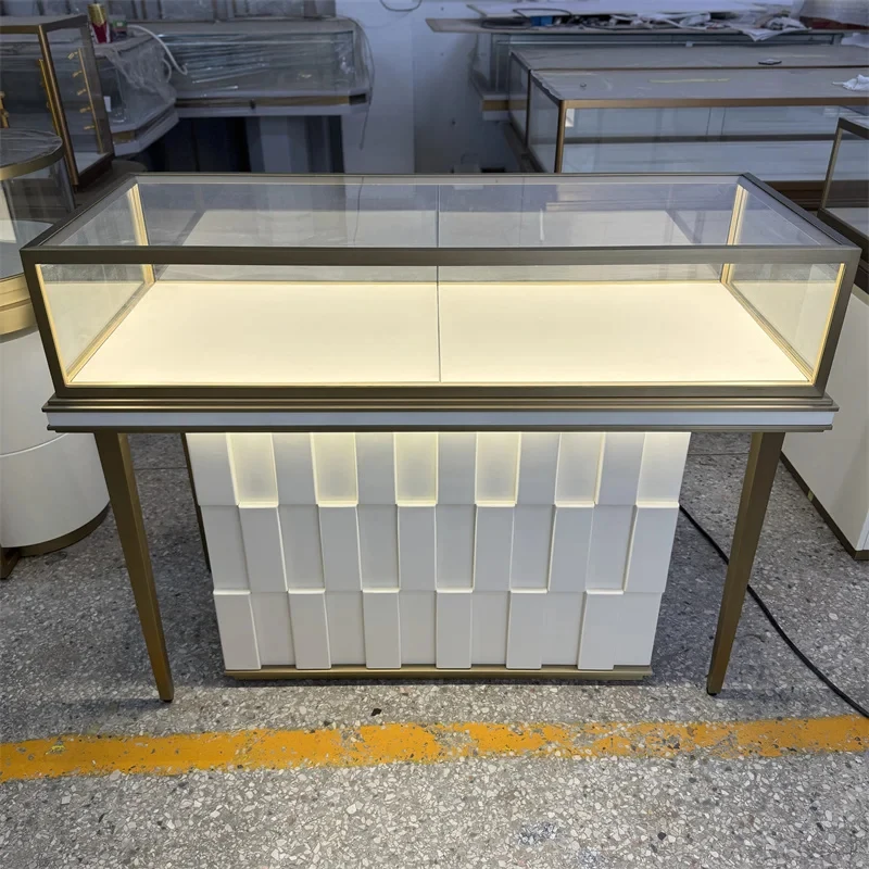 custom.Modern Island Counter Custom Made Jewelry showcase Glass Gold Metal LED 3D Base Luxury Boutique OEM Direct
