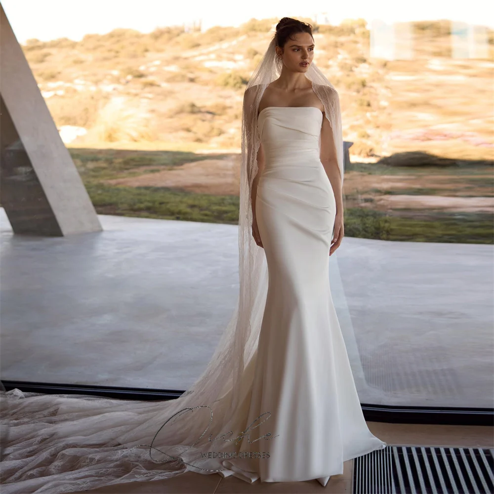 

QICHE Elegant Strapless Mermaid Wedding Dress Women Spandex Pleat Open Back Sleeveless Vestidos De Novia Bridal Gown Customized