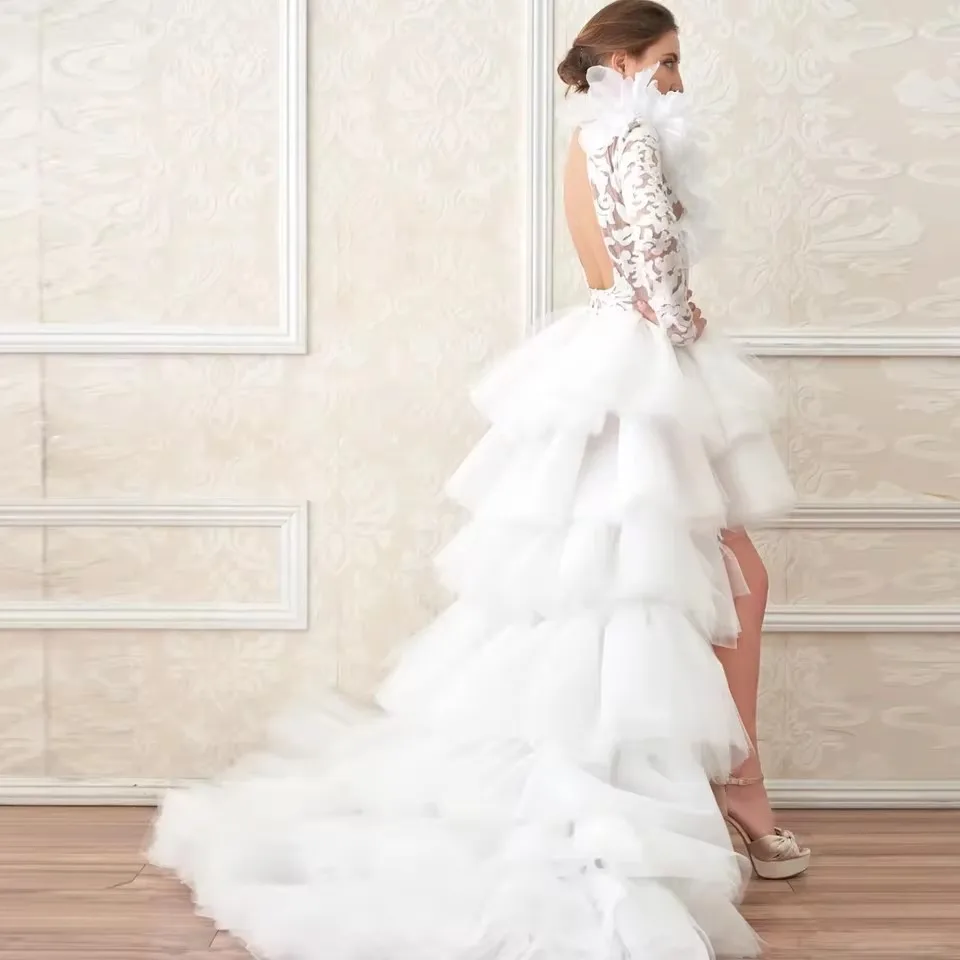 Boho Designs Long Wedding Party Dresses with Sleeves Applique Tulle Prom Gown High Low Custom Made Backless Ruffle Bride Dress