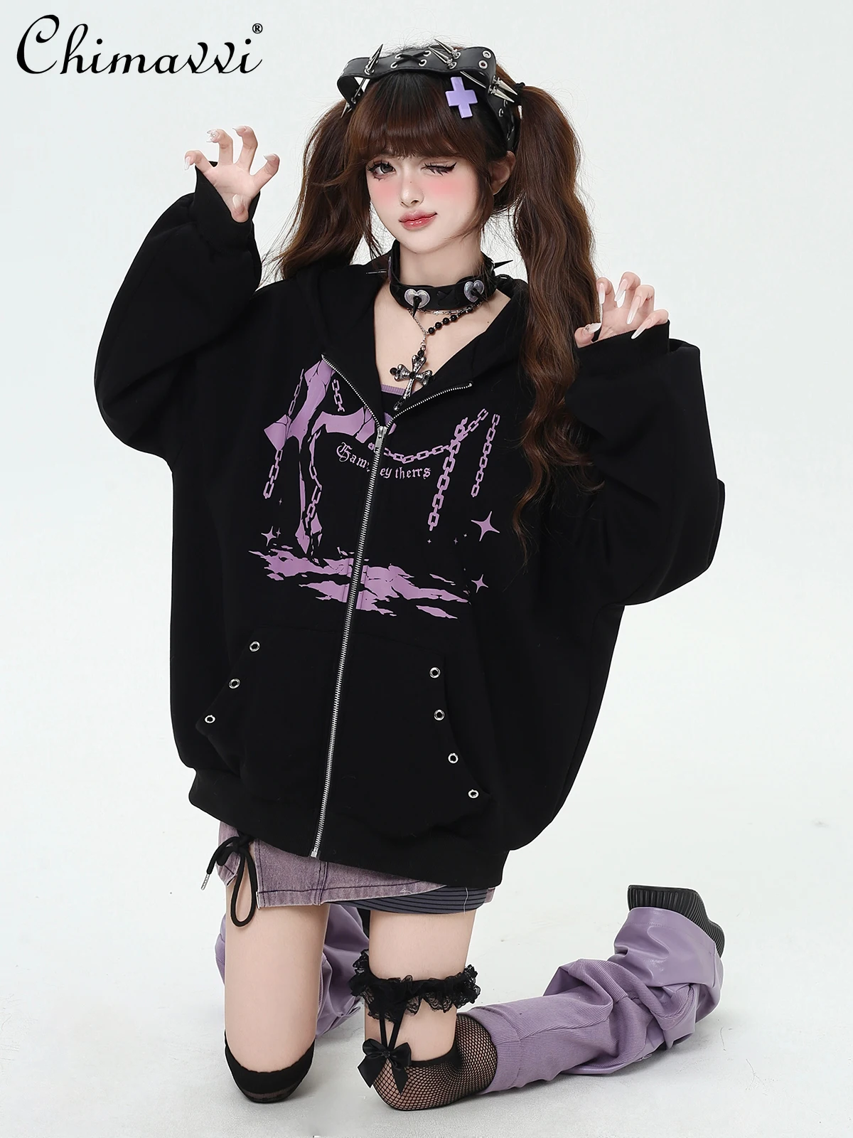 

Original Sweet and Cool Subculture Dark Girl Hooded Fleece Sweatshirt Jacket Autumn and Winter New Loose Long-sleeved Hoodies