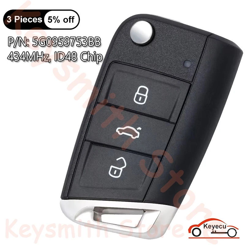 KEYECU 434MHz ID48 Chip for VW Skoda MQB VII Golf MK7 2017 Touran Polo Tiguan Semi-Intelligent Remote Key Fob 5G0 959 753 AB BB