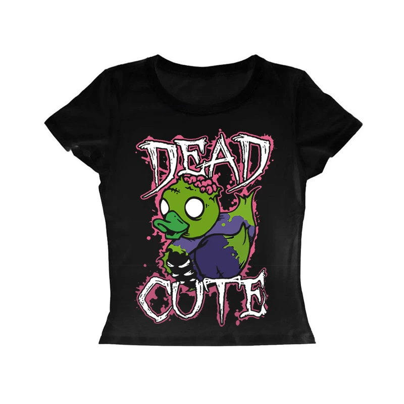 Retro Mode y2k Set niedlich gedruckt schwarz Cartoon Crop Top lässig kurz ärmel ige T-Shirt für
