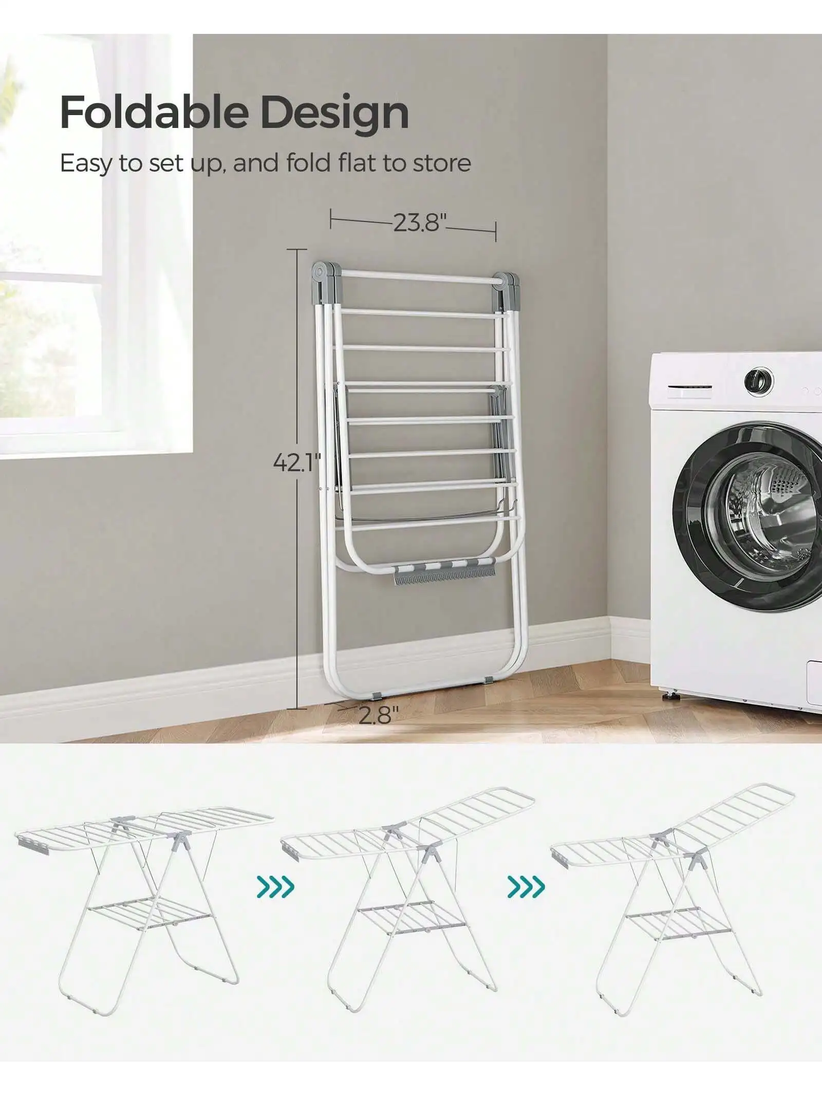 SONGMICS Clothes Drying Rack, With Sock Clips, Metal Laundry Rack, Foldable, Space-Saving, Free-Standing Airer, With Height-A