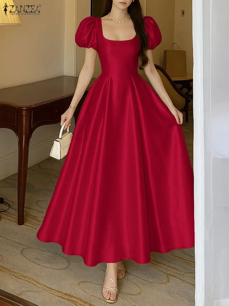 ZANZEA Damskie Sukienki Satynowe na Wesele, Eleganckie i Stylowe, z Kwadratowym Dekoltem, Krótkim Bufiastym Rękawem, Dopasowana Talia, Krój A-Line, Sukienka na Przyjęcie, Rozmiary S-3XL