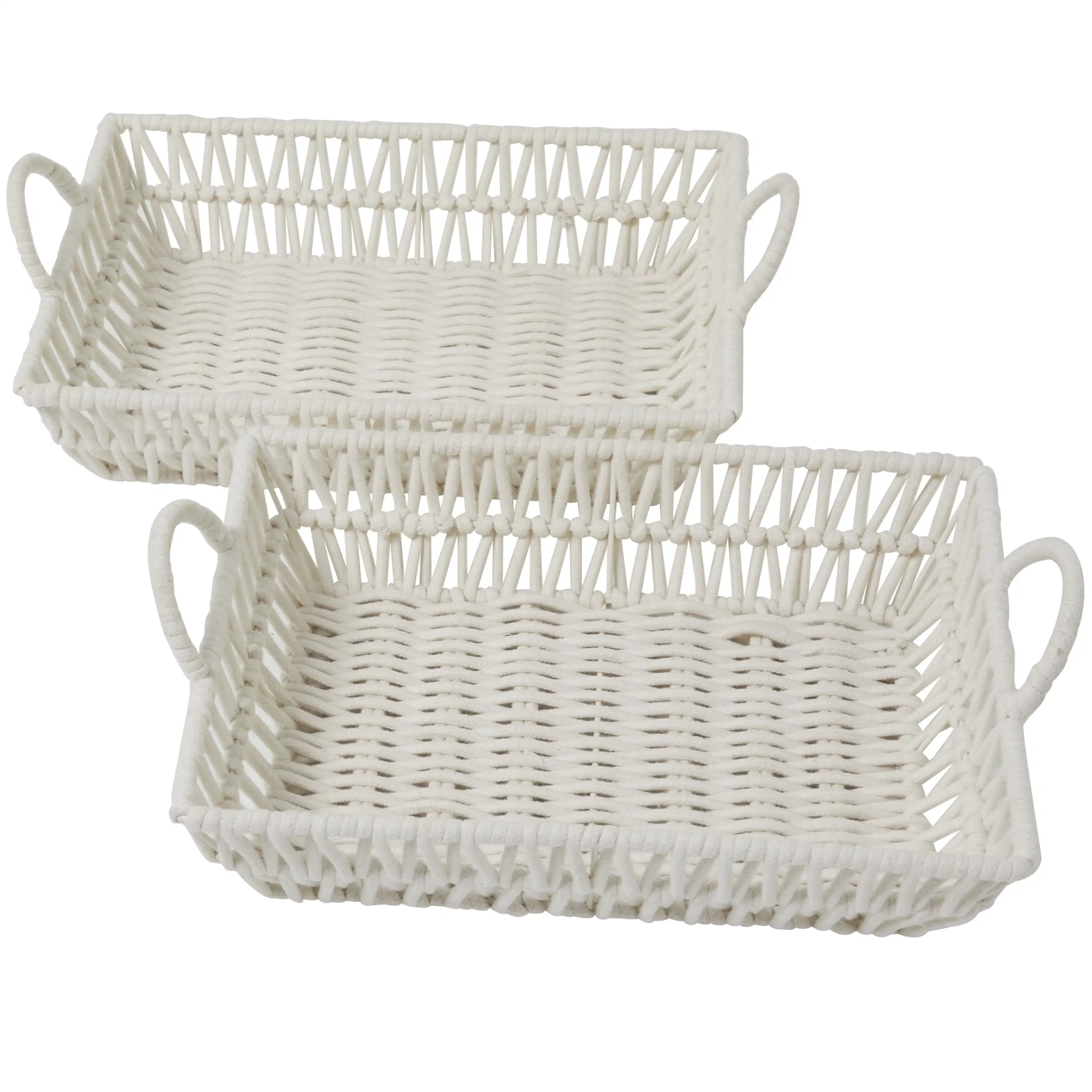 

19, 18W White Cotton Handmade Woven Storage Basket with Handles, 2-Pieces
