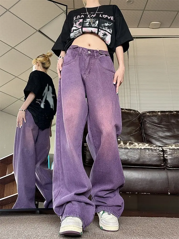 Streetwear Baggy Jeans Women High Waist Harajuku Aesthetic Y2k Oversize Purple Pink Denim Trousers Vintage Cargo Pants Clothes