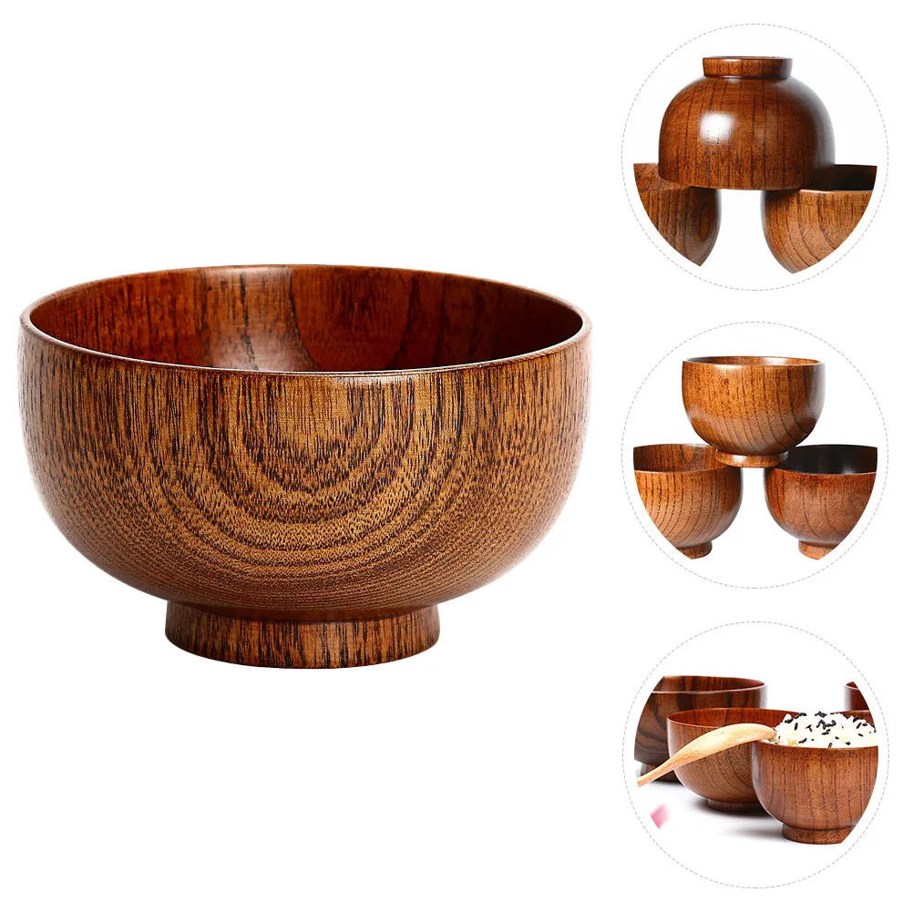 1Pcs Natural Log Wood Salad Bowl Mellow Finish Fine Craftsmanship Non-Slip Portable Food Serving Bowl for Fruits Rice Soup
