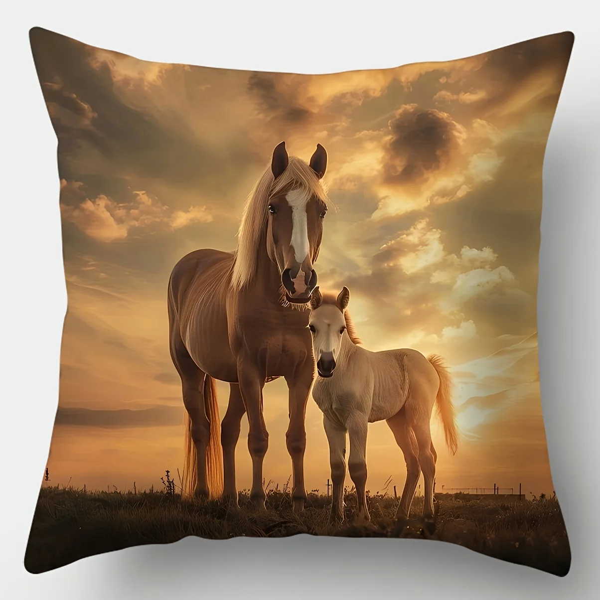 4pcs Sunset Galloping Horse Father and Son Print Pillow Covers, Featuring Prairie Sunflower Animal Scenery Pattern