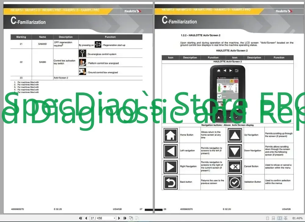 

Рабочие платформы SpecDiag Haulotte PDF 23,45 ГБ [08.2021] Руководство по обслуживанию, обслуживанию и обслуживанию и по эксплуатации, руководство по обучению и запасных часам